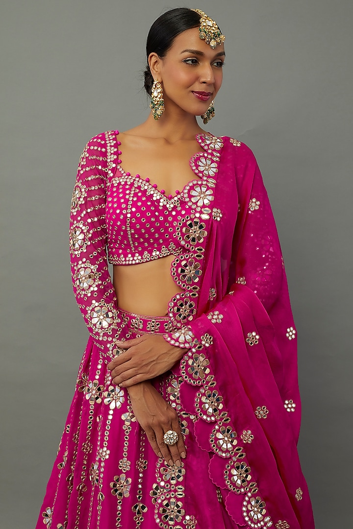 Fuchsia Georgette Mirror Embellished Bridal Lehenga Set by Vvani by Vani Vats at Pernia's Pop Up Shop