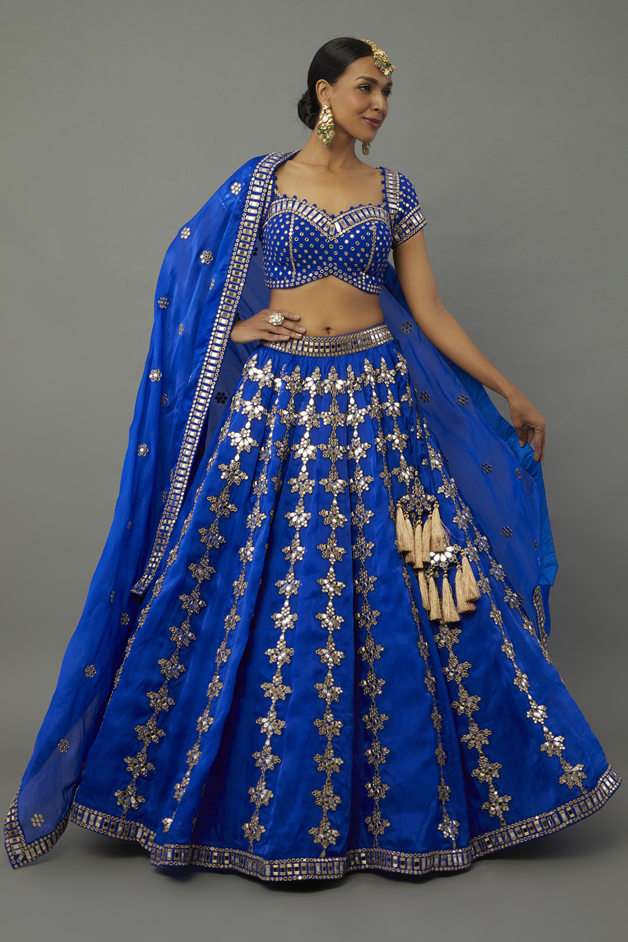 Blue Satin Organza Mirror Embroidered Lehenga Set by Vvani by Vani Vats