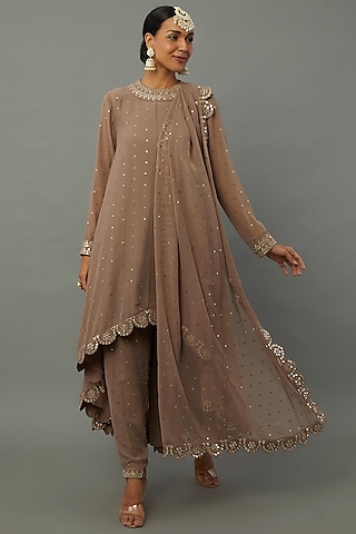 Light Brown Embroidered Kurta Set by Vvani by Vani Vats