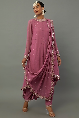 Mauve Embroidered Kurta Set by Vvani by Vani Vats