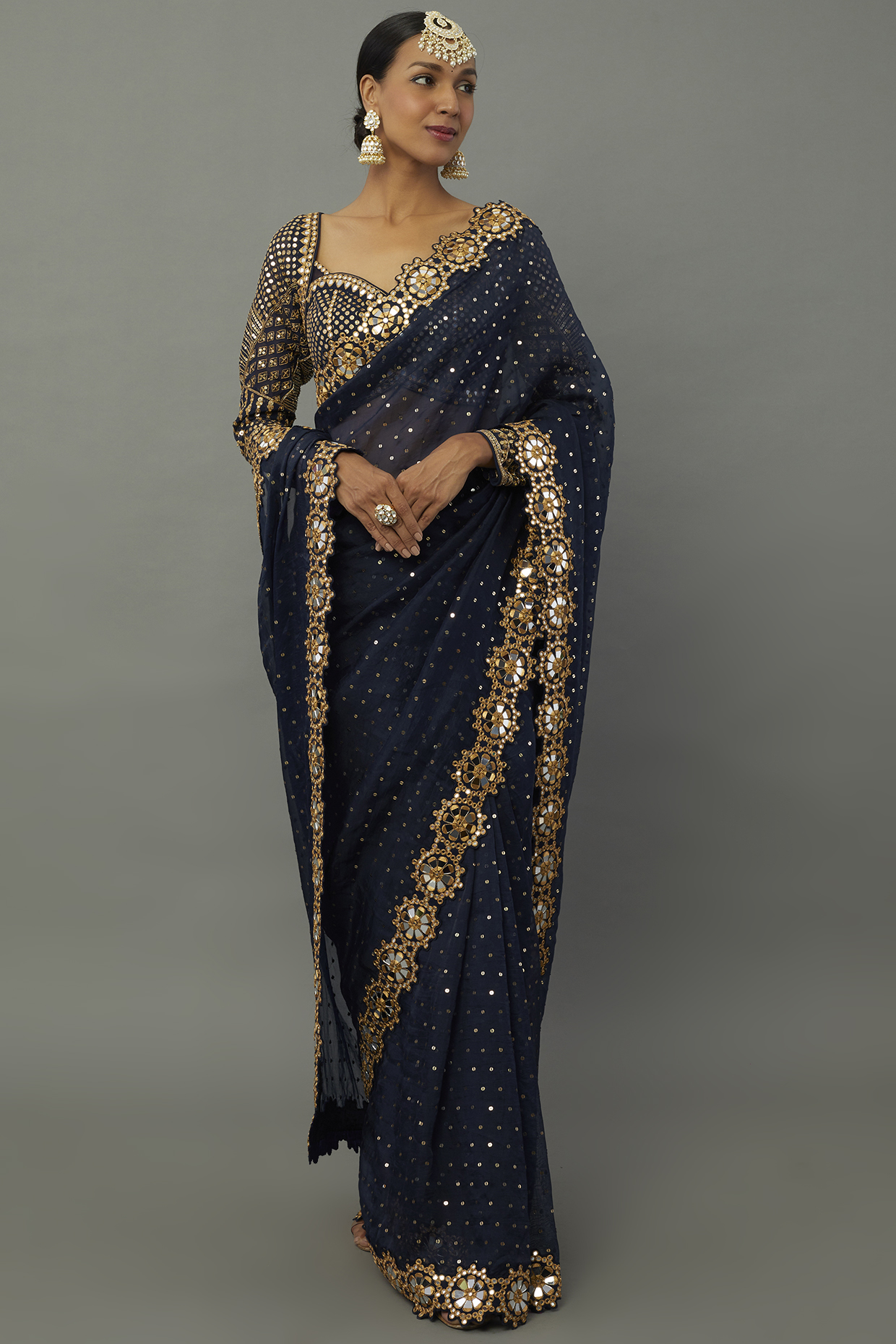 Midnight Blue Embroidered Saree Set by Vvani by Vani Vats