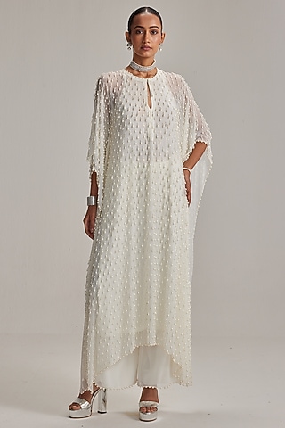 Off-White Georgette Mirror & Pearl Embroidered Kaftan Set by Vvani By Vani Vats