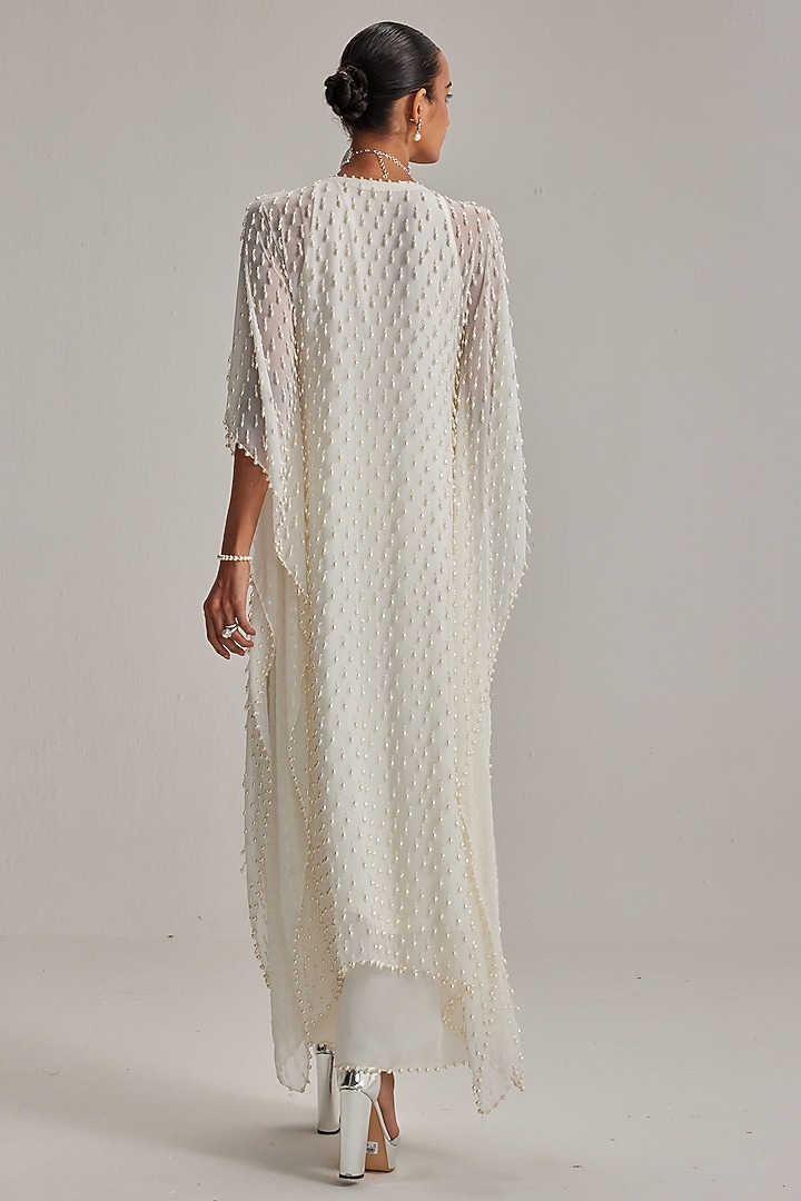 Off-White Georgette Mirror & Pearl Embroidered Kaftan Set by Vvani By Vani Vats at Pernia's Pop Up Shop