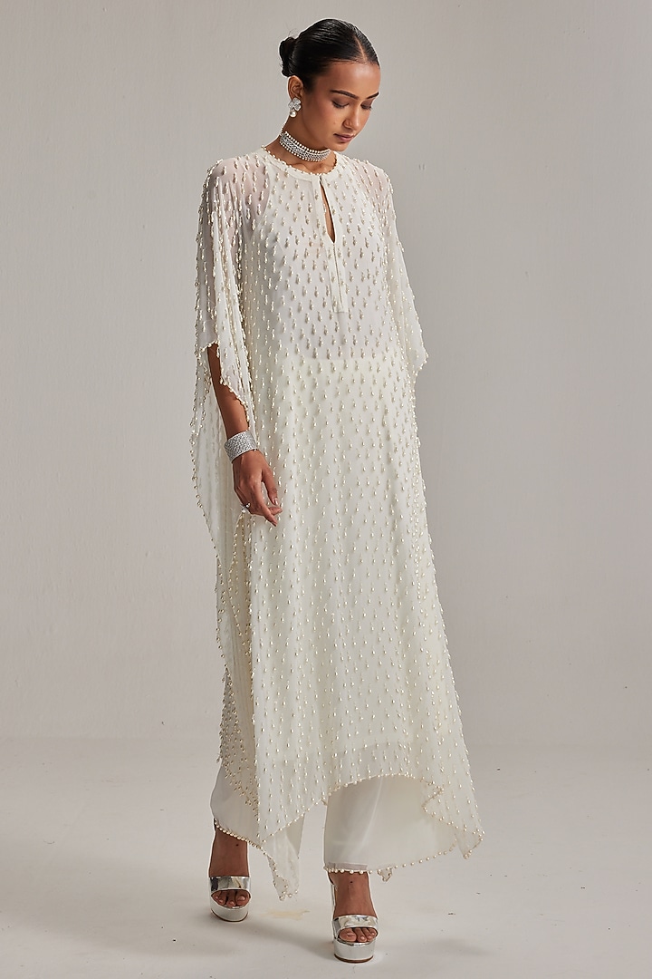 Off-White Georgette Mirror & Pearl Embroidered Kaftan Set by Vvani By Vani Vats at Pernia's Pop Up Shop