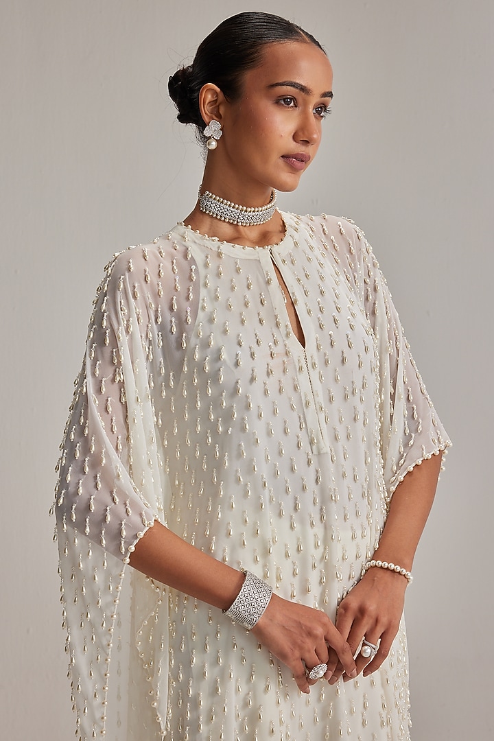Off-White Georgette Mirror & Pearl Embroidered Kaftan Set by Vvani By Vani Vats at Pernia's Pop Up Shop