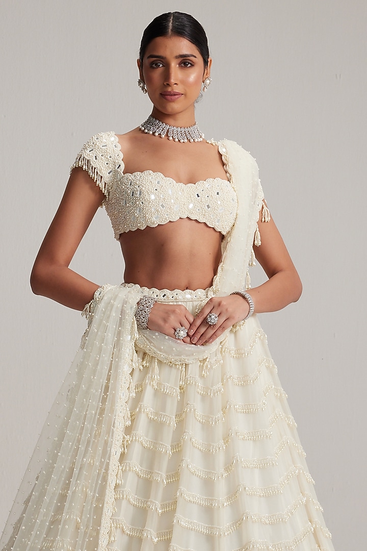 Off-White Organza Mirror & Pearl Embroidered Bridal Lehenga Set by Vvani By Vani Vats at Pernia's Pop Up Shop