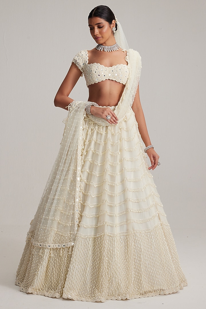 Off-White Organza Mirror & Pearl Embroidered Bridal Lehenga Set by Vvani By Vani Vats at Pernia's Pop Up Shop