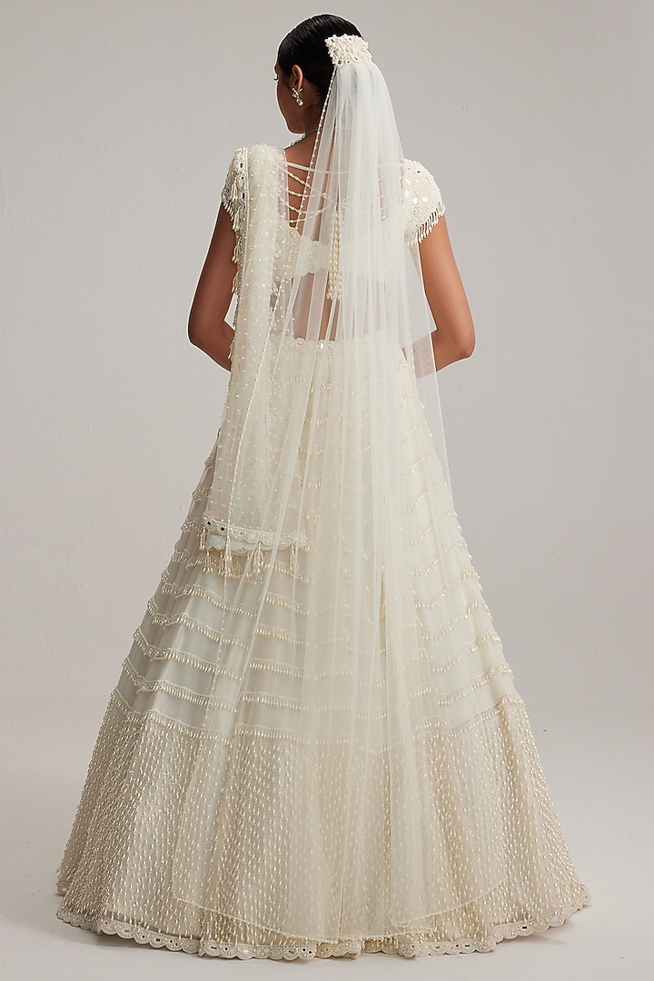 Off-White Organza Mirror & Pearl Embroidered Bridal Lehenga Set by Vvani By Vani Vats at Pernia's Pop Up Shop