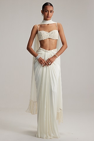 Off-White Satin Draped Skirt Set by Vvani By Vani Vats