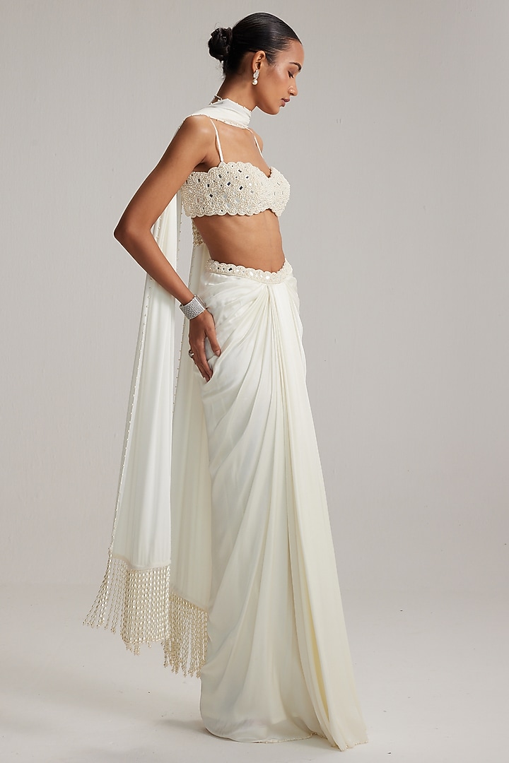 Off-White Satin Draped Skirt Set by Vvani By Vani Vats at Pernia's Pop Up Shop