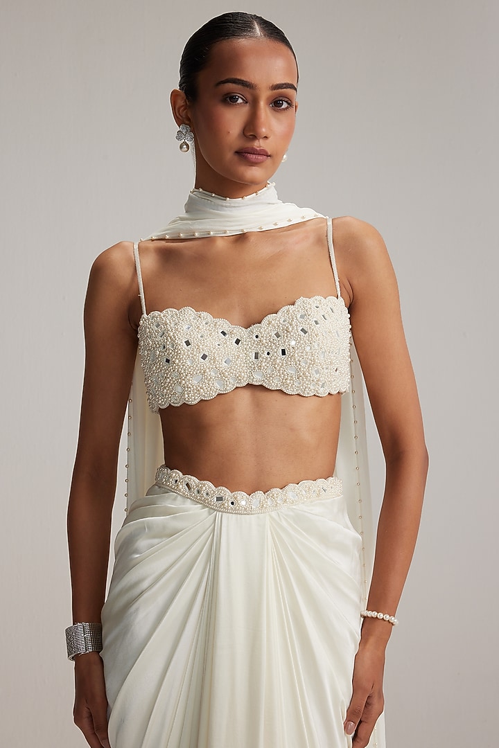 Off-White Satin Draped Skirt Set by Vvani By Vani Vats at Pernia's Pop Up Shop
