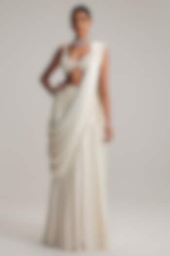 Off-White Satin Draped Reception Saree Set by Vvani By Vani Vats at Pernia's Pop Up Shop