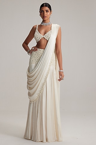 Off-White Satin Draped Saree Set by Vvani By Vani Vats