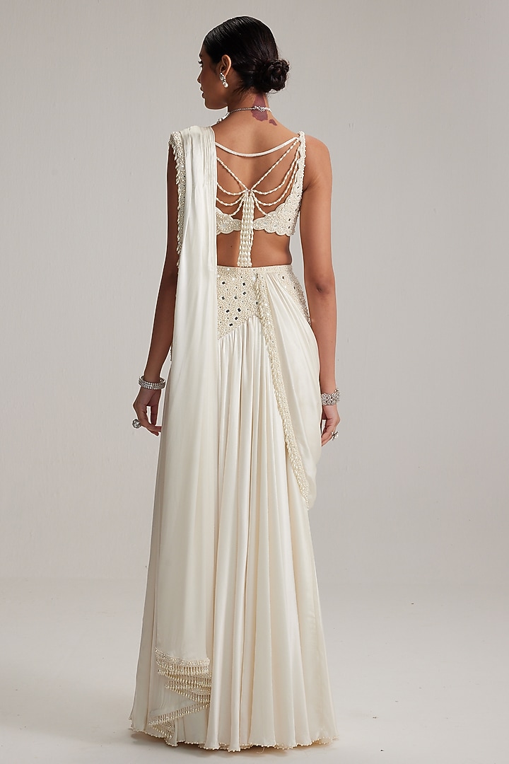 Off-White Satin Draped Reception Saree Set by Vvani By Vani Vats at Pernia's Pop Up Shop