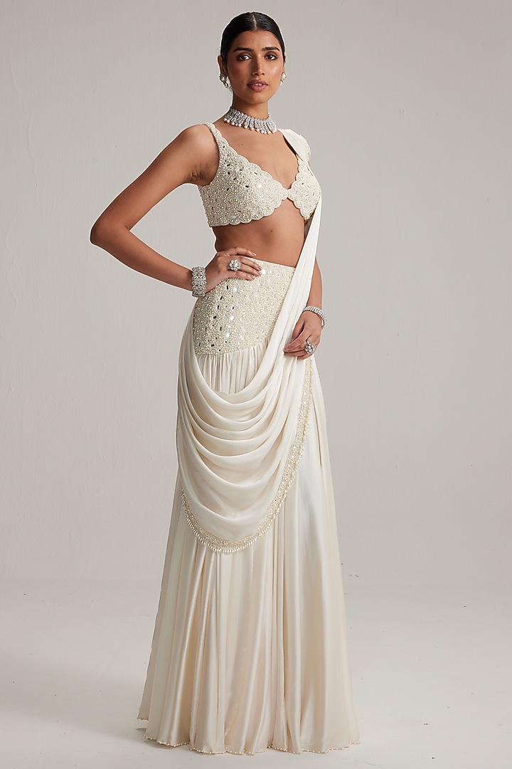 Off-White Satin Draped Reception Saree Set by Vvani By Vani Vats at Pernia's Pop Up Shop