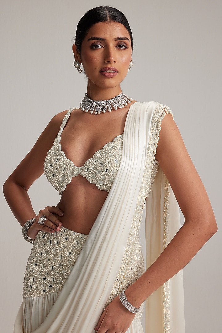 Off-White Satin Draped Reception Saree Set by Vvani By Vani Vats at Pernia's Pop Up Shop