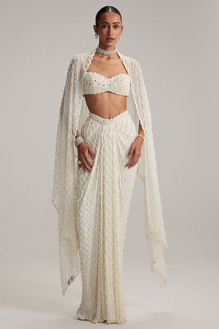 Off-White Georgette Mirror Embroidered Draped Skirt Set by Vvani By Vani Vats at Pernia's Pop Up Shop