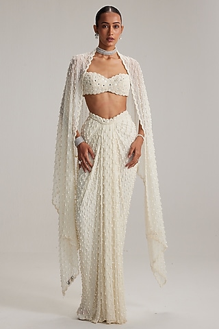 Off-White Georgette Mirror Embroidered Draped Skirt Set by Vvani By Vani Vats