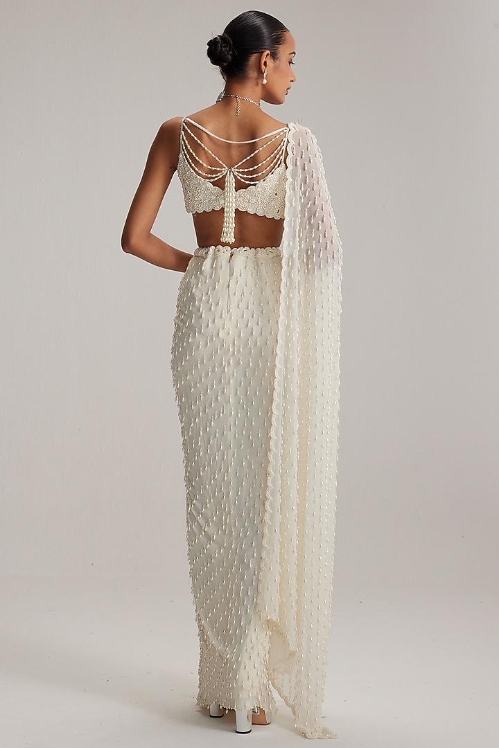Off-White Georgette Mirror Embroidered Draped Skirt Set by Vvani By Vani Vats at Pernia's Pop Up Shop