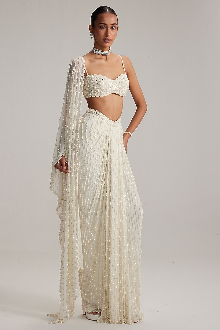 Off-White Georgette Mirror Embroidered Draped Skirt Set by Vvani By Vani Vats at Pernia's Pop Up Shop