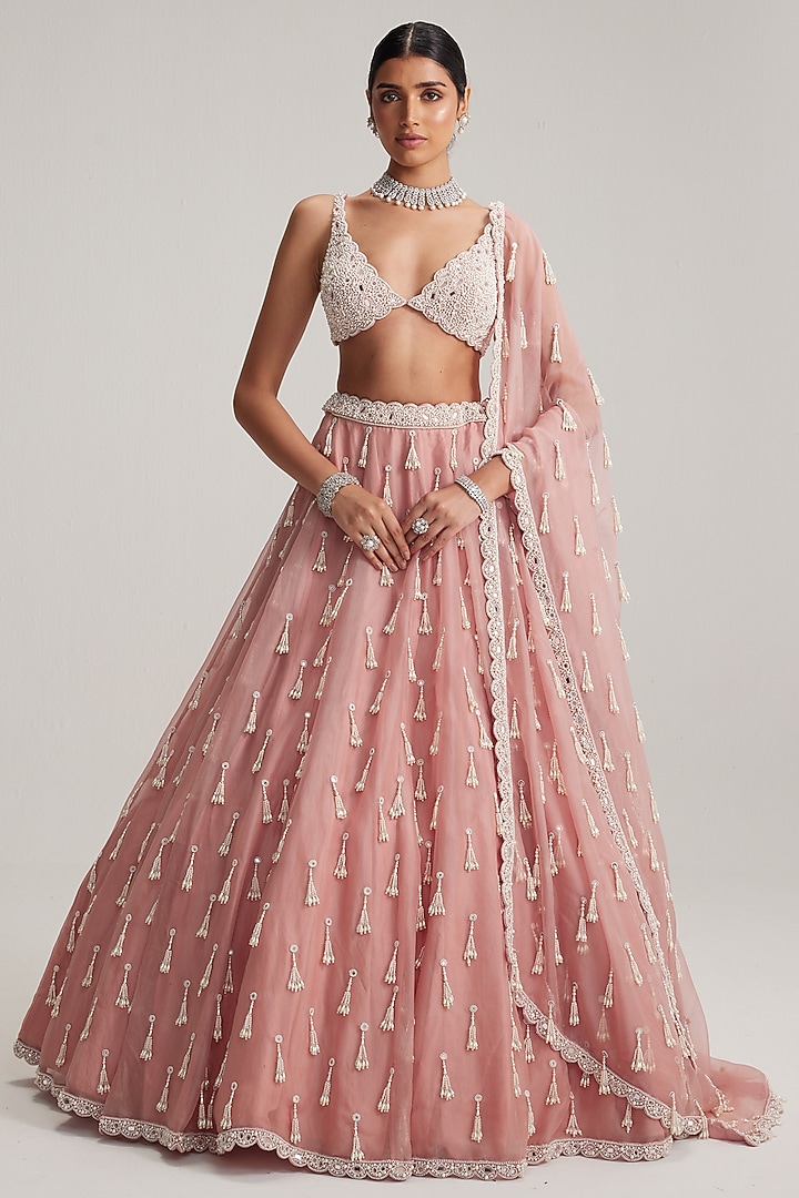 Dusty Rose Organza Mirror Embroidered Bridal Lehenga Set by Vvani By Vani Vats at Pernia's Pop Up Shop