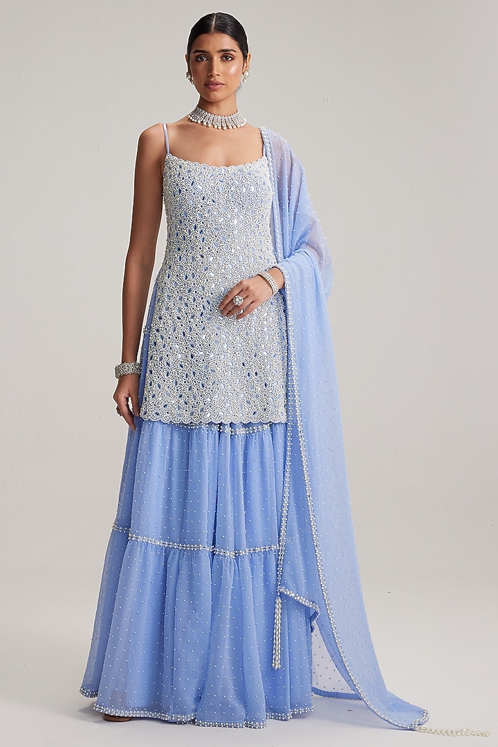 Dew Blue Georgette Bridal Sharara Set by Vvani By Vani Vats at Pernia's Pop Up Shop