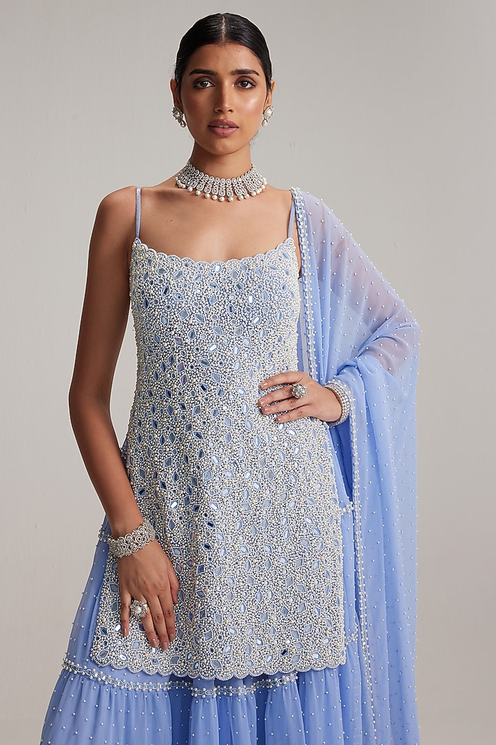 Dew Blue Georgette Bridal Sharara Set by Vvani By Vani Vats at Pernia's Pop Up Shop