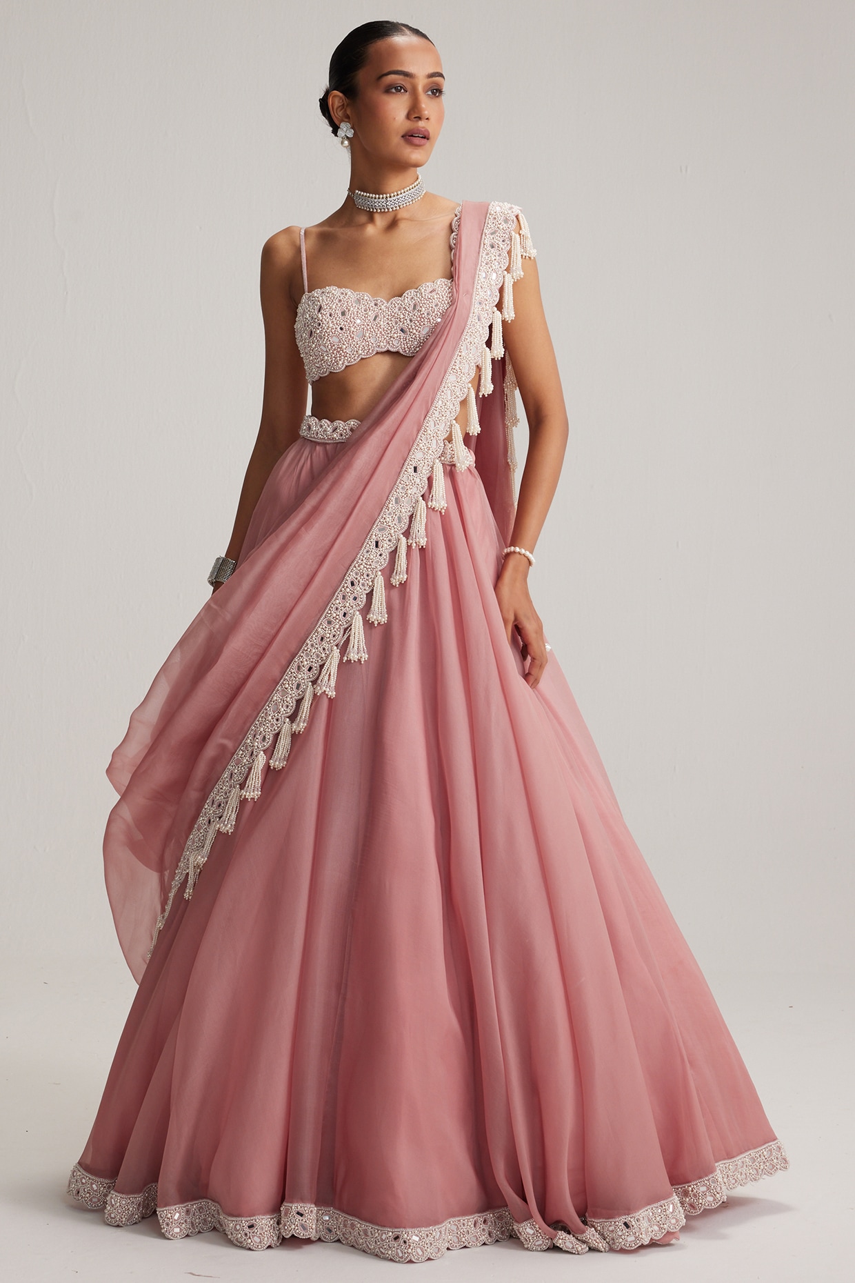Vvani By Vani Vats Dusty Rose Organza Mirror & Pearl Embroidered Lehenga Set