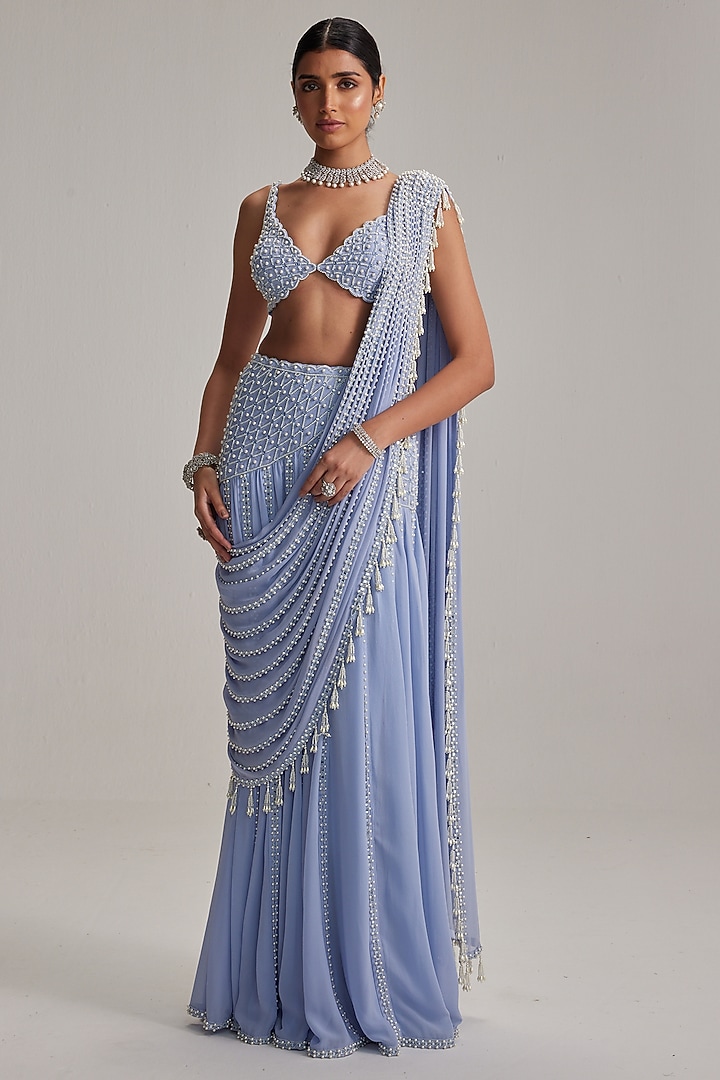 Dew Blue Georgette Pearl Tassels Draped Reception Saree Set by Vvani By Vani Vats at Pernia's Pop Up Shop