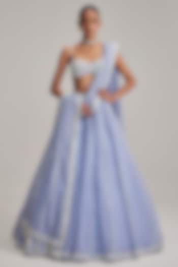 Dew Blue Organza Linear Embroidered Bridal Lehenga Set by Vvani By Vani Vats at Pernia's Pop Up Shop