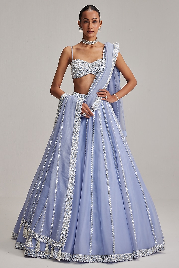 Dew Blue Organza Linear Embroidered Bridal Lehenga Set by Vvani By Vani Vats at Pernia's Pop Up Shop