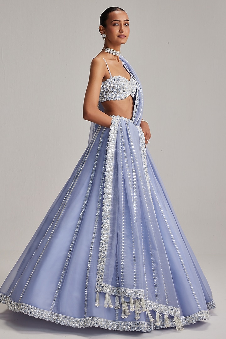 Dew Blue Organza Linear Embroidered Bridal Lehenga Set by Vvani By Vani Vats at Pernia's Pop Up Shop