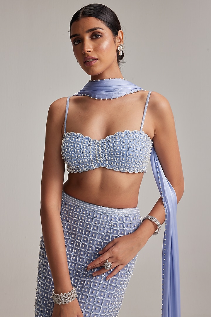 Dew Blue Net Heavy Embroidered Pencil Skirt Set by Vvani By Vani Vats at Pernia's Pop Up Shop