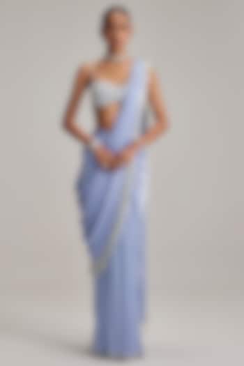 Dew Blue Net Pearl Tassels Embroidered Draped Wedding Saree Set by Vvani By Vani Vats at Pernia's Pop Up Shop