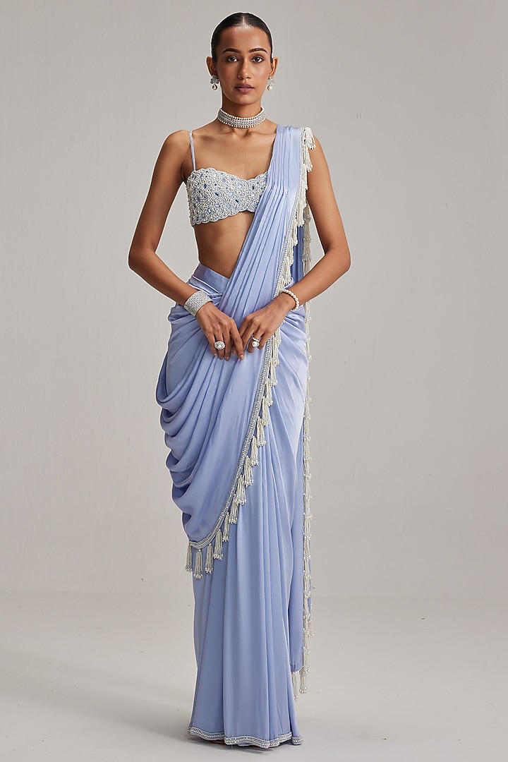 Dew Blue Net Pearl Tassels Embroidered Draped Wedding Saree Set by Vvani By Vani Vats at Pernia's Pop Up Shop