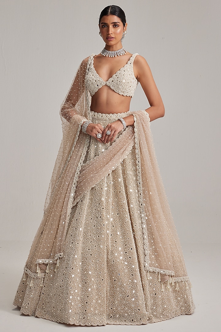 Light Beige Organza Mirror Embroidered Bridal Lehenga Set by Vvani By Vani Vats at Pernia's Pop Up Shop
