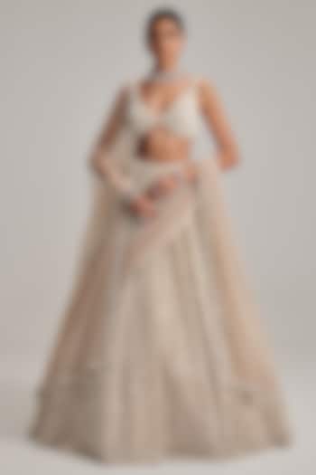 Light Beige Organza Mirror Embroidered Bridal Lehenga Set by Vvani By Vani Vats at Pernia's Pop Up Shop