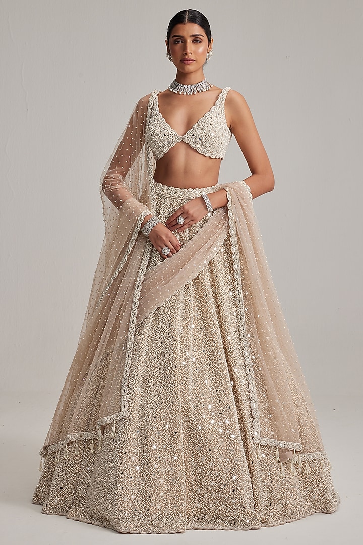 Light Beige Organza Mirror Embroidered Bridal Lehenga Set by Vvani By Vani Vats at Pernia's Pop Up Shop