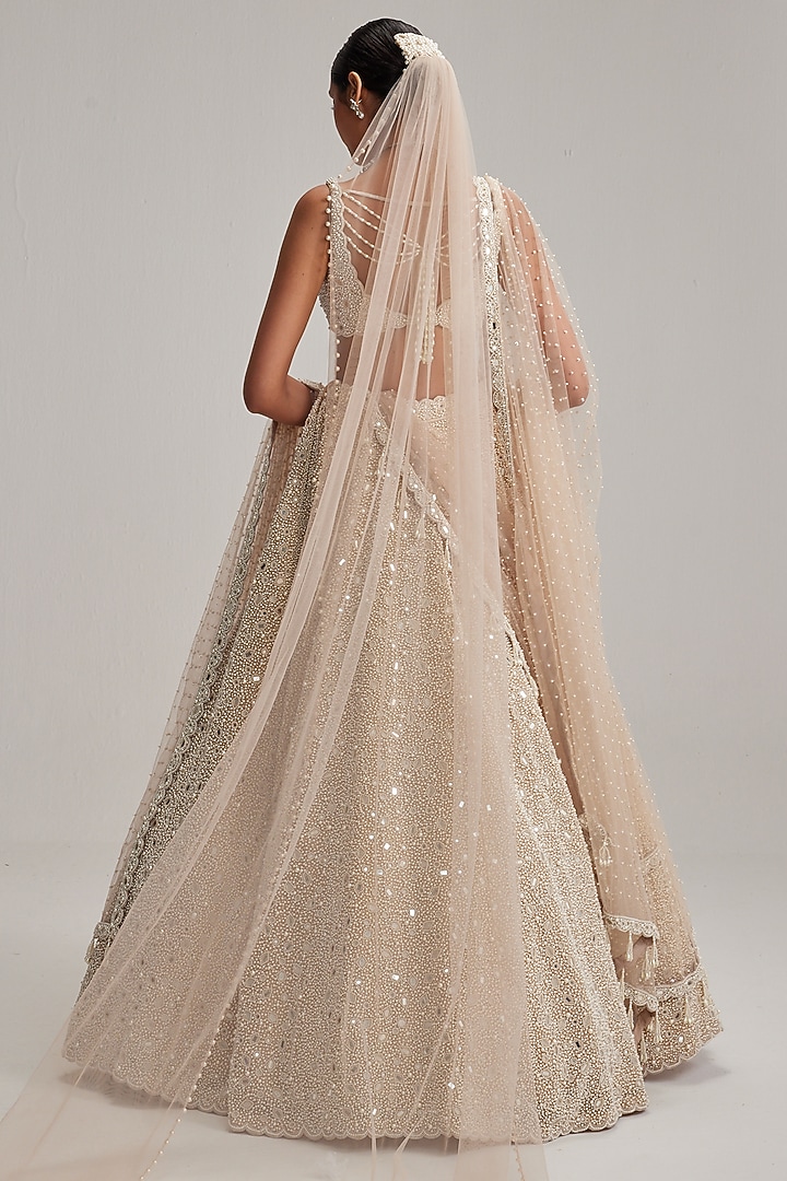 Light Beige Organza Mirror Embroidered Bridal Lehenga Set by Vvani By Vani Vats at Pernia's Pop Up Shop