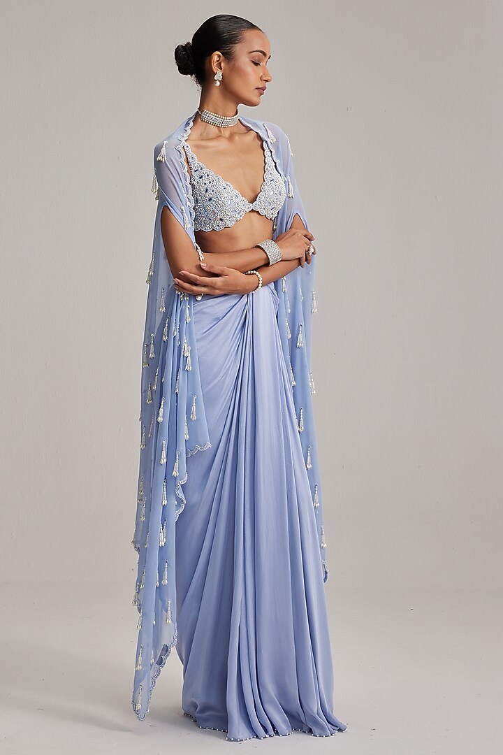 Dew Blue Satin Draped Skirt Set by Vvani By Vani Vats at Pernia's Pop Up Shop