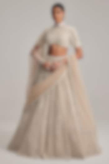 Light Beige Organza Mirror & Pearl Embroidered Bridal Lehenga Set by Vvani by Vani Vats at Pernia's Pop Up Shop