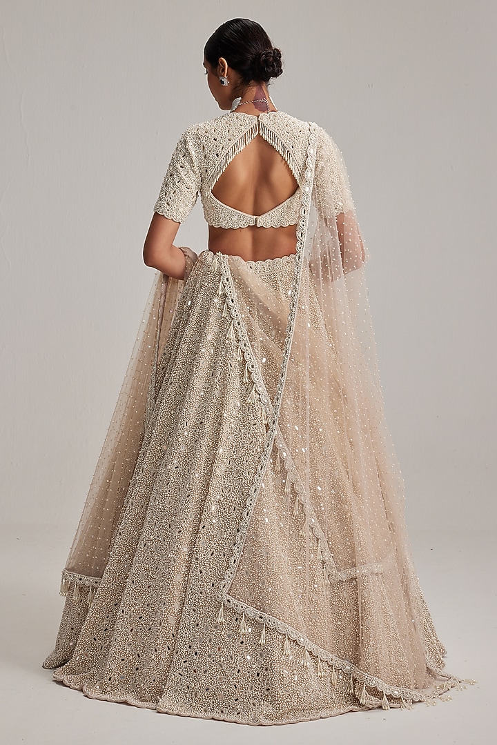 Light Beige Organza Mirror & Pearl Embroidered Bridal Lehenga Set by Vvani by Vani Vats at Pernia's Pop Up Shop