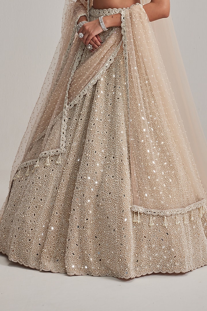Light Beige Organza Mirror & Pearl Embroidered Bridal Lehenga Set by Vvani by Vani Vats at Pernia's Pop Up Shop