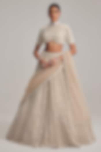 Light Beige Organza Mirror & Pearl Embroidered Bridal Lehenga Set by Vvani by Vani Vats at Pernia's Pop Up Shop