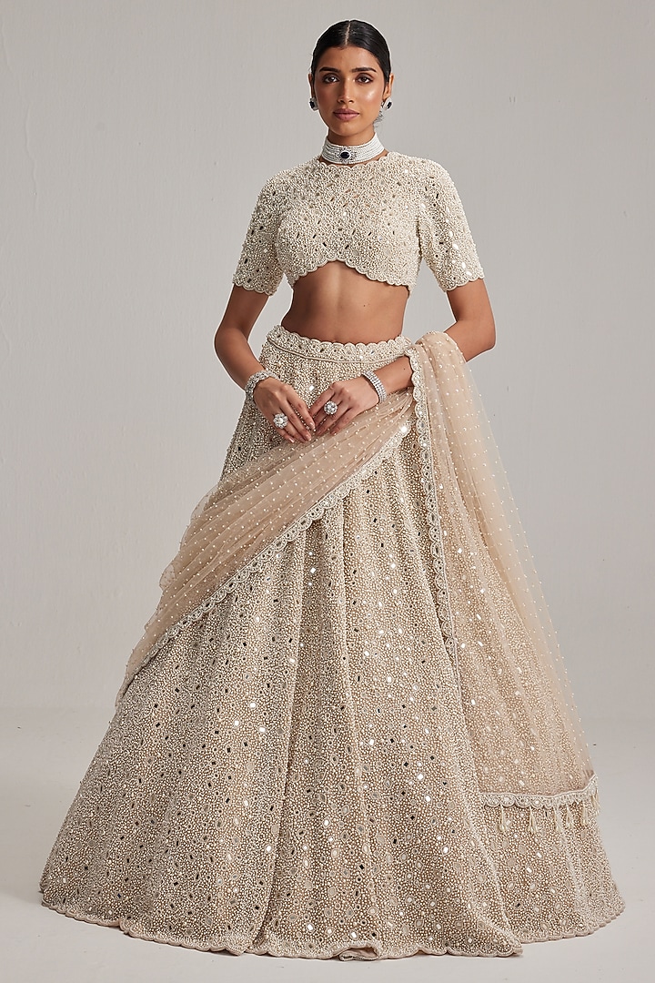 Light Beige Organza Mirror & Pearl Embroidered Bridal Lehenga Set by Vvani by Vani Vats at Pernia's Pop Up Shop