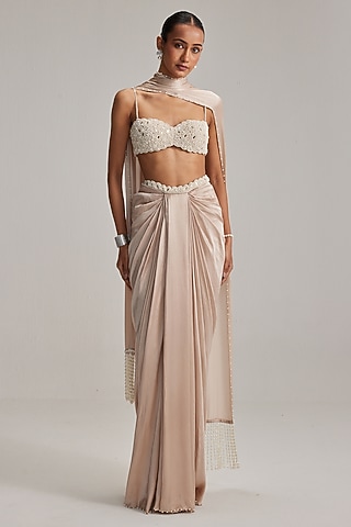 Light Beige Satin Draped Skirt Set by Vvani by Vani Vats