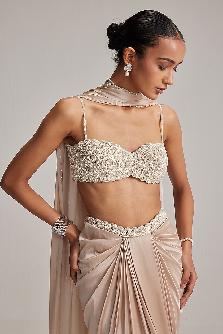Light Beige Satin Draped Skirt Set by Vvani by Vani Vats at Pernia's Pop Up Shop