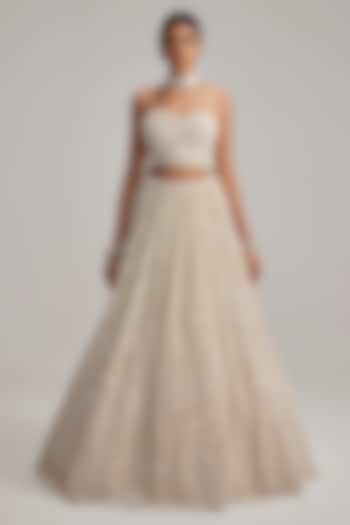 Light Beige Organza Mirror & Pearl Embroidered Bridal Lehenga Set by Vvani by Vani Vats at Pernia's Pop Up Shop