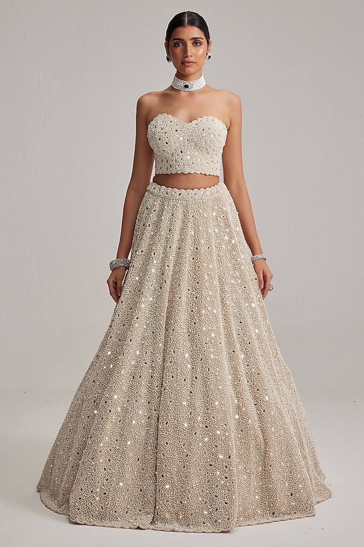 Light Beige Organza Mirror & Pearl Embroidered Bridal Lehenga Set by Vvani by Vani Vats at Pernia's Pop Up Shop