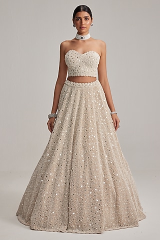 Light Beige Organza Mirror & Pearl Embroidered Lehenga Set by Vvani by Vani Vats